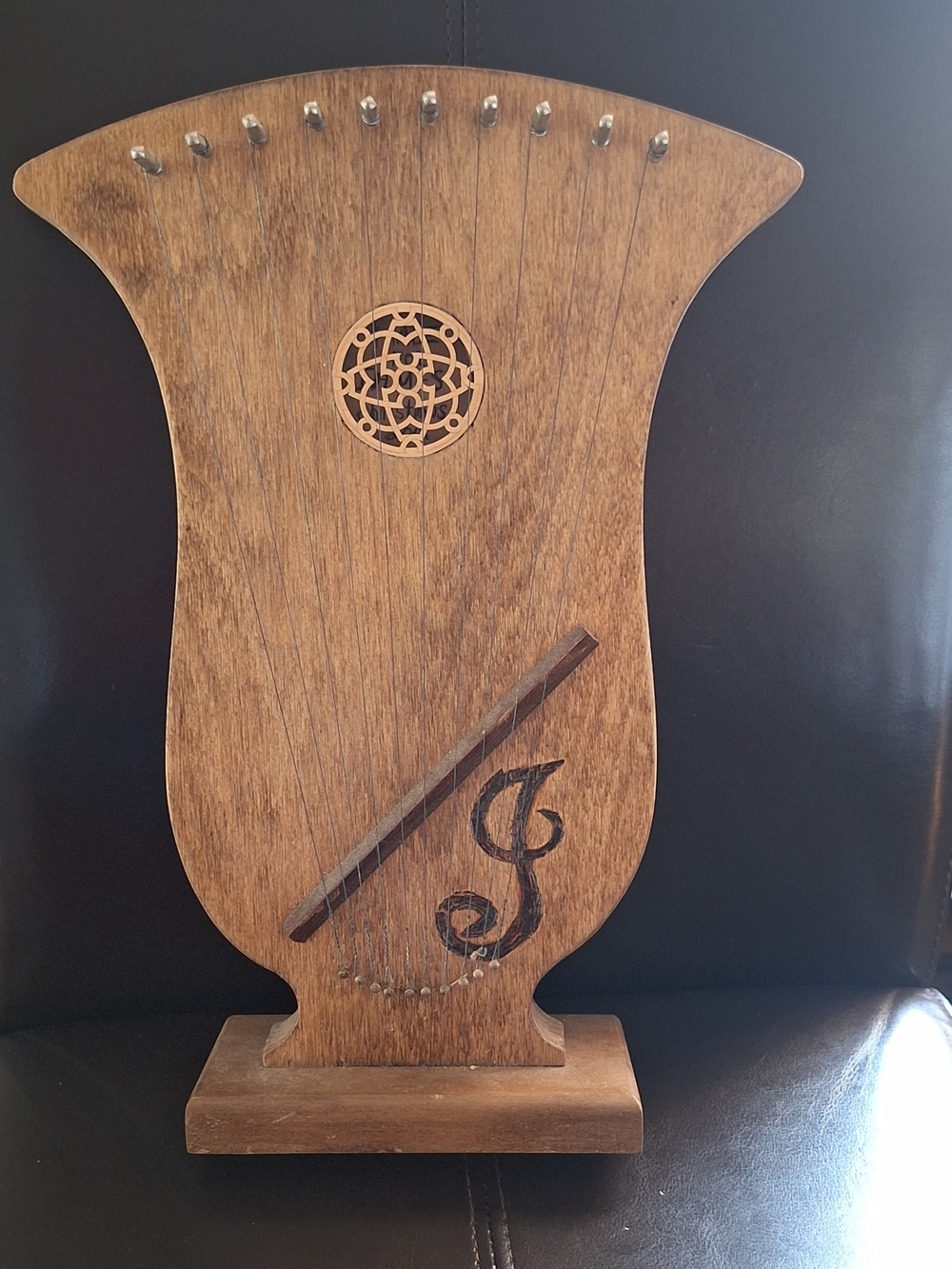 Source Unknown Wooden Lyre Harp Accent in Brown."J"initial & Writing On The Back
